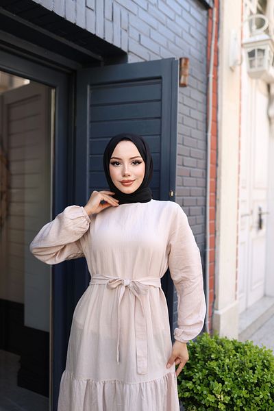 modessia Women Ecru Linen Layered Summer Hijab Dress with Waist Tie 0102