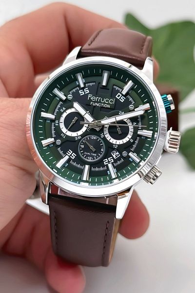 Ferrucci Men's Wristwatch Brown Leather Band Functions Active Smoked Steel Case