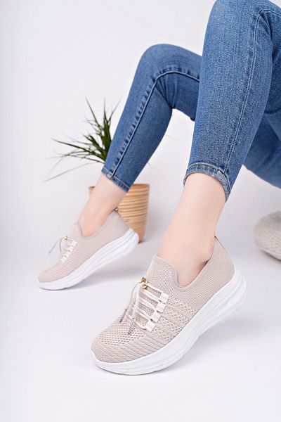 McDark Women's Beige Tie Light Sole Anatomic Tricot Sneaker Shoes