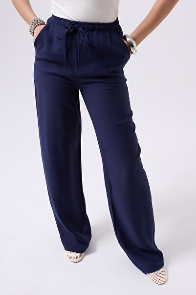 Clu Nika Lacivert Keten Karışımlı Bol Kesim Pantolon