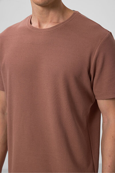TOMMY LIFE Brown Surface Textured Comfortable Form Basic Men's T-Shirt - 88436