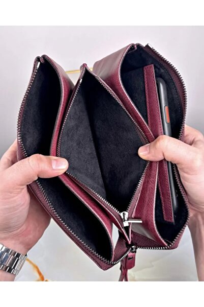 Fil Deri Genuine Leather Handbag with Hand Band Claret Red Color 2029