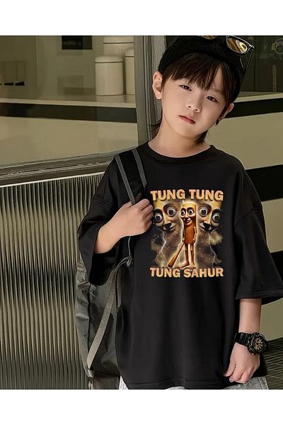 Touz Moda Tung Tung Tung Sahur Printed Kids Black Unisex T-Shirt