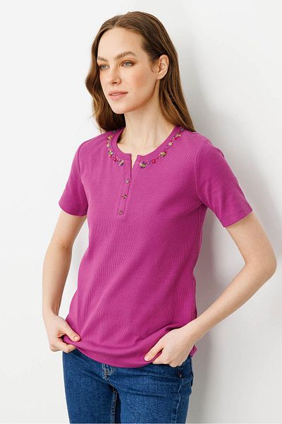 Desen Triko Tricou de damă din bumbac brodat cu mărgele cu guler răsturnat