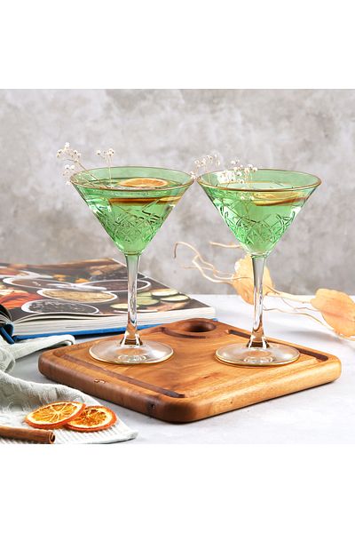 ADAMODART Gilded Decorated Martini Cocktail Glass & Goblet Set of 2 - Green