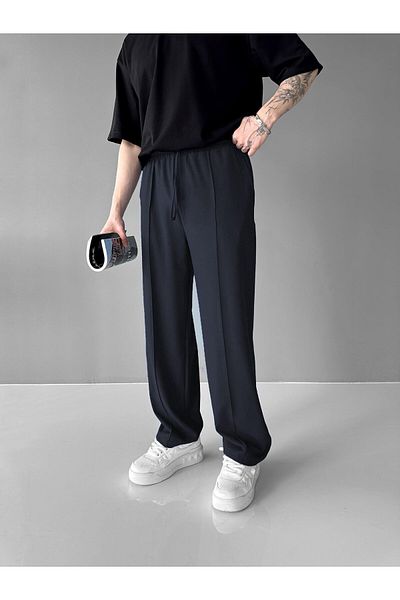 ablukaonline Men's Elastic Waist Baggy Pants Navy Blue
