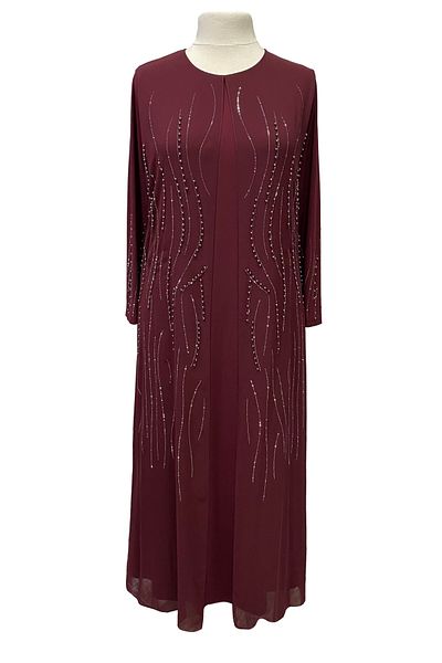 Giyinen Mağazaları Burgundy Asian Round Neck Stylish Stone Embroidered Large Size Mother Evening Dress