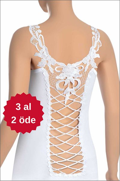NİSYVE Back Lez Lace Guipure Detailed Strap Square Neck Cotton White Women's Undershirt