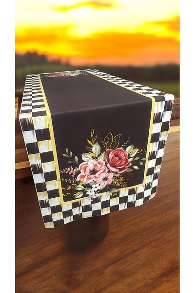 Mavi Masal Floral Patterned Checkered Runner Cover Kitchen Tableware Dining 36X110 cm