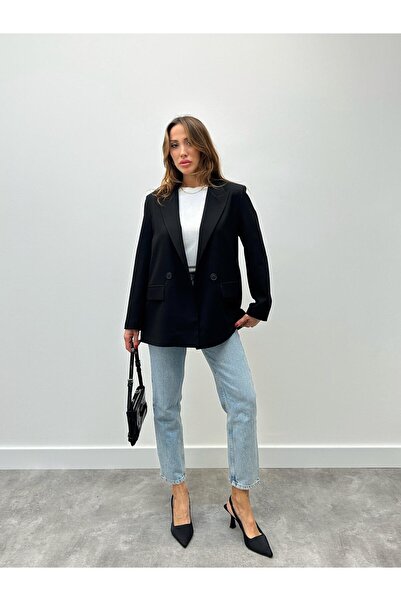 Maldia Shop Women's Double Fabric Lined Black Blazer Jacket