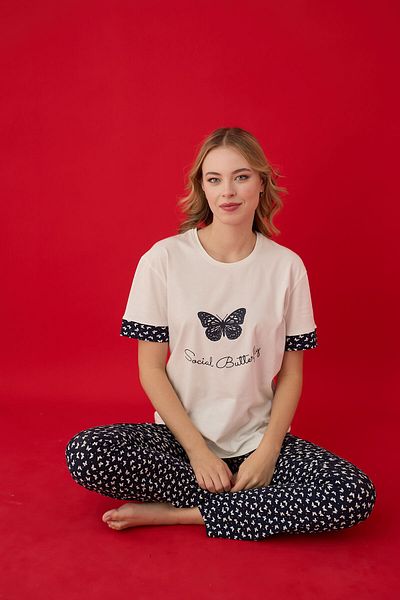 Lavint Homewear Butterfly Patterned Cotton Lycra Pajama Set