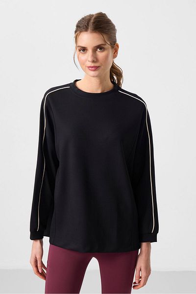 TOMMY LIFE Black Soft Textured O Neck Oversize Women's Tunic Sweatshirt - 97303