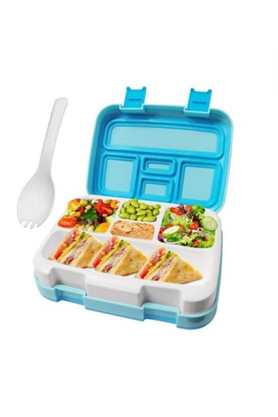 COOYA 800ml Bento Lunch Box with Spoon, 5 Compartments, BPA-Free, Microwave & Dishwasher Safe (Blue)