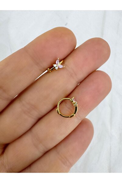 Arescollection PEMBE ZİRKON TAŞLI 8 MM HALKA ÇAPLI KELEBEK HELİX LOBE UYUMLU ...