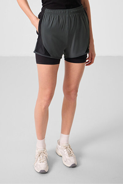 TOMMY LIFE Haki Gizli Cep Fermuarlı Standart Kalıp Kadın İçi Taytlı Şort - 91015