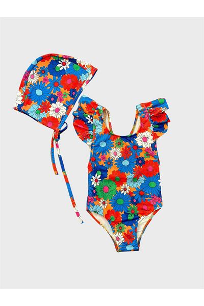 ALİŞ KİDS Costum de baie pentru fete, albastru, cu modele florale, cu bretele încrucișate, cu volane