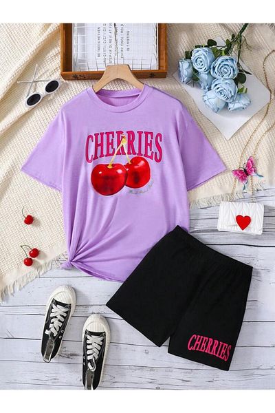 vinraus Girl/Boy Lilac-Black Cherries Printed Shorts-Tshirt Set