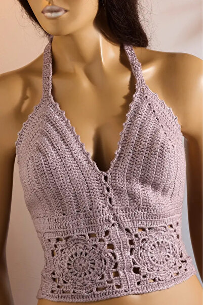 Talinhandmade El Örgüsü Lila Çiçek Desenli Crop Top – 40–42 Beden Uyumlu