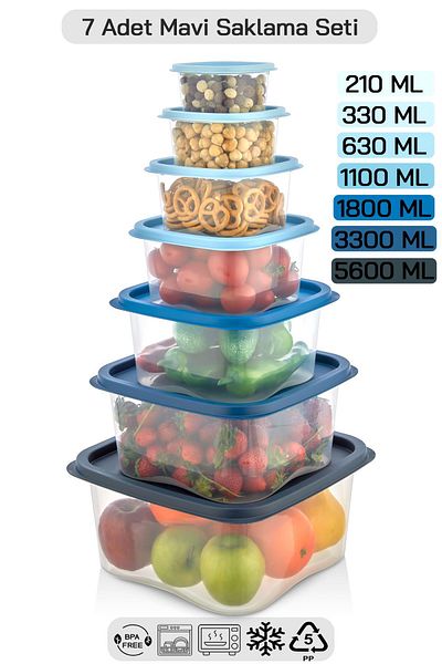 HOMENIVA 7 Size Square Storage Container Set - Storage Container Suitable for Microwave and Deep Freezer