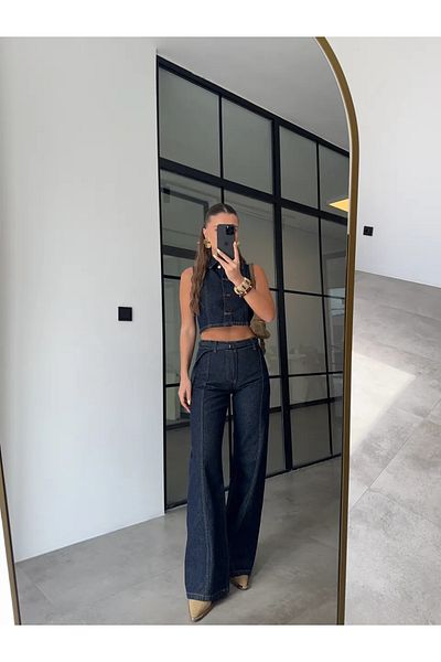 SUİD Jean Crop Vest Belt Pants Denim Suit