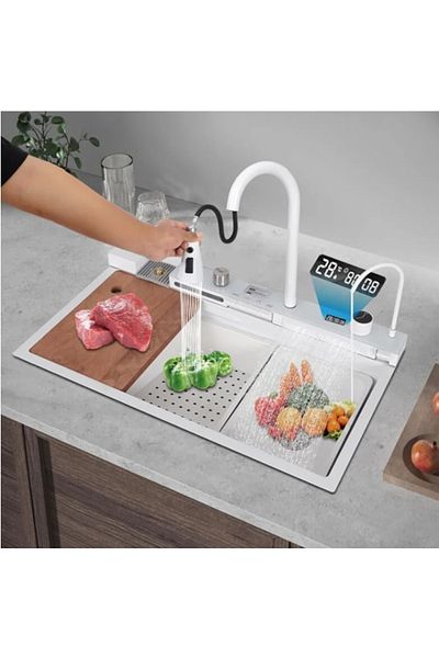 Depox Chiuvetă de bucătărie multifuncțională, duș extensibil, tocător de lemne, afișaj LCD cu temperatură, 2 jeturi de apă, 75x46 cm