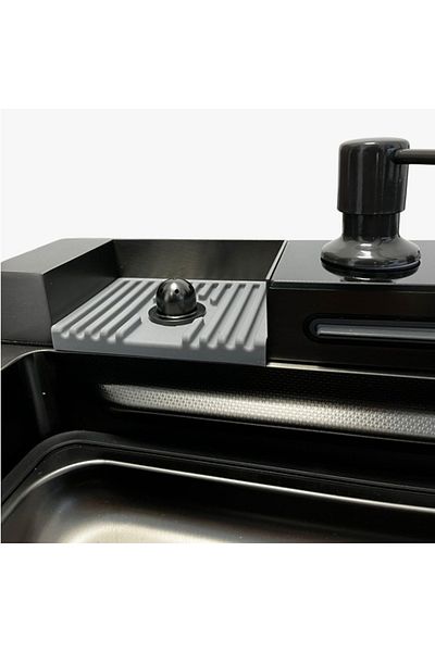 Depox Chiuveta de bucatarie multifunctionala, dus cu extragere, tocator de lemne, temperatura LCD, 2 jeturi de apa, 75x46 cm