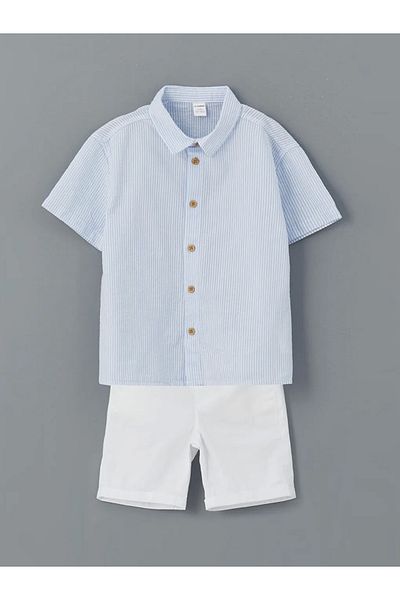 LC Waikiki Lcw Kids Blue Striped 100% Cotton Boys' Shirt and Shorts Set of 2