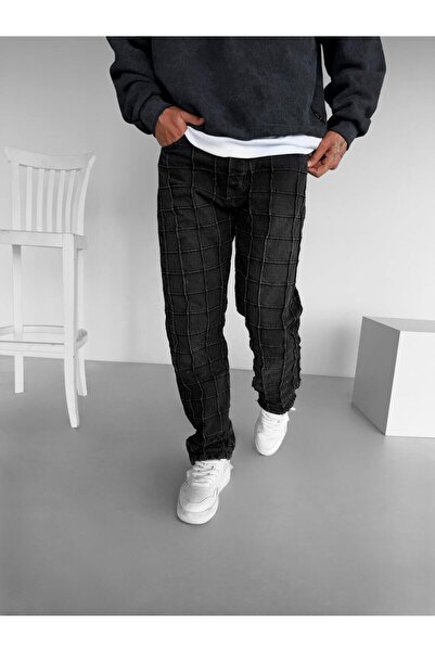 ablukaonline Černé pánské džíny – 100% bavlna, Baggy Fit, čtvercový detail výšivky