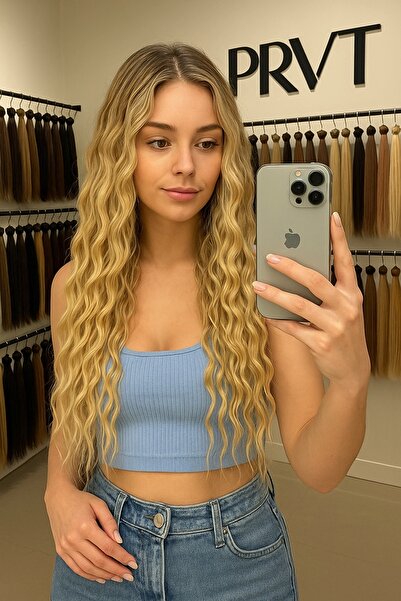 PRVT 3 Parça Yarımay Postiş - Yarım Ay Çıt Çıt Saç / Külü Sarı / Su Dalgası / 60cm - Ht16