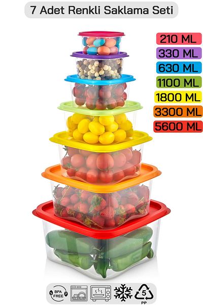 HOMENIVA 7 Size Square Storage Container Set - Storage Container Suitable for Microwave and Deep Freezer