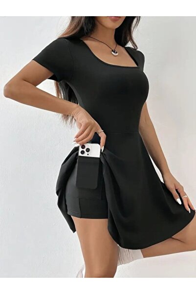 Giyimodam فستان غوص نسائي قصير الأكمام بياقة مربعة وجيب قصير