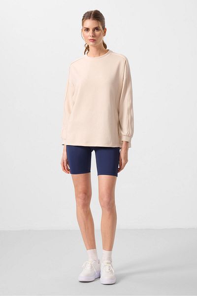 TOMMY LIFE Beige Soft Textured O Neck Oversize Women's Tunic Sweatshirt - 97303