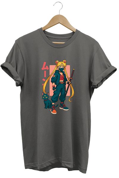 remonz Anime Sailor Moon Usagi Katana Γυναικείο μπλουζάκι με στάμπα 100% βαμβάκι με κανονική εφαρμογή Crewneck