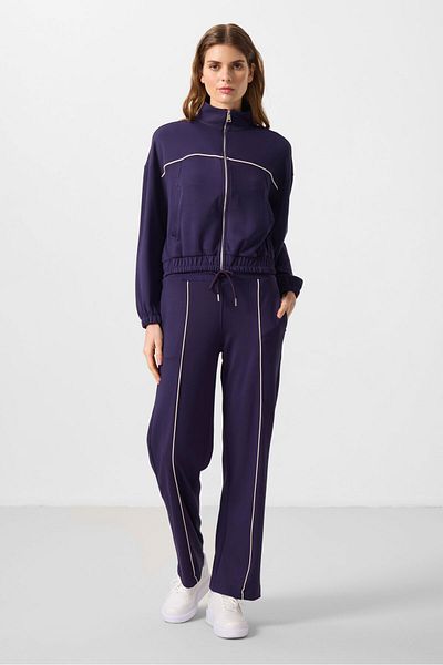 TOMMY LIFE Set de trening pentru femei, mov închis, cu textura moale, cu guler ridicat, elastic supradimensionat - 95349
