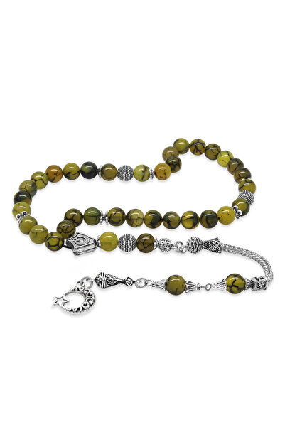 Tesbihane Non-Tarnish Metal Tasseled Globe Cut Veined Moss Green Agate Natural Stone Rosary