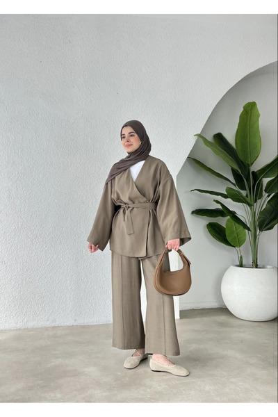 My Blog Brązowy wiązany komplet kimono - 8685