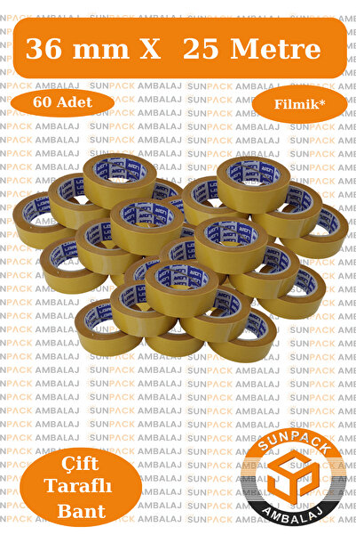 sunpack ambalaj Çift Taraflı Bant 36mm X 25m Şeffaf Filmik (60 Adet) - Güçlü,...