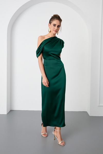 Lafaba Women's Emerald Green Degaje Collar Slit Satin Midi Dress