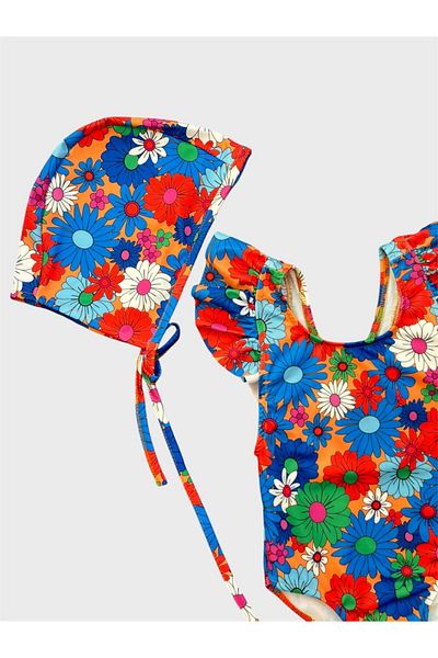 ALİŞ KİDS Costum de baie pentru fete, albastru, cu modele florale, cu bretele încrucișate, cu volane