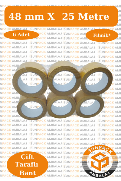 sunpack ambalaj Çift Taraflı Bant 48mm X 25m Şeffaf Filmik (6 Adet) - Güçlü, ...