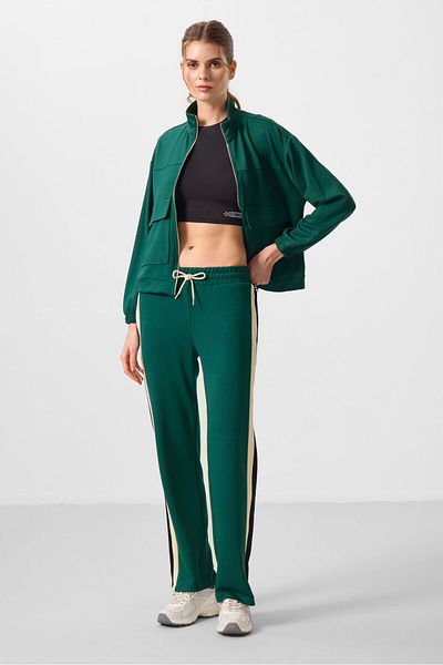 TOMMY LIFE Green Soft Textured Side Panel Detailed Wide Leg Women's Palazzo Trousers - 94671