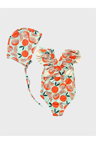 ALİŞ KİDS Girl's Green Orange Patterned Cross Strap Ruffled Bonnet Swimsuit