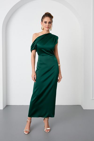 Lafaba Women's Emerald Green Degaje Collar Slit Satin Midi Dress