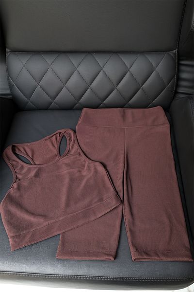 Zec Style High Waist, Ribbed, Bermuda Leggings Gathering Sports Leggings Crop Suit Dark Brown