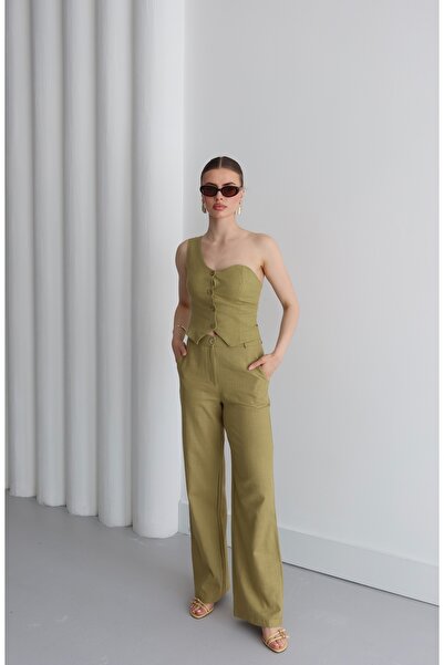 LOISY Γυναικείο Σετ Premium Λινό με Λεπτομέρεια Γιλέκο-Παντελόνι με έναν ώμο