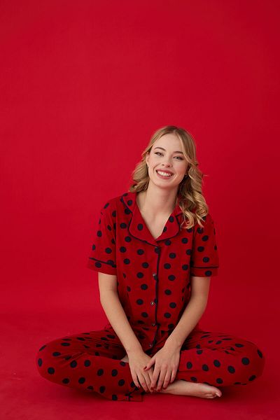 Lavint Homewear Dot Patterned Cotton Lycra Buttoned Pajama Set