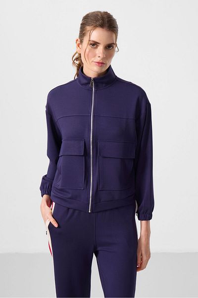 TOMMY LIFE Dark Purple Stand Collar Oversize Cargo Pocket Women's Crop Top Sweatshirt 97301