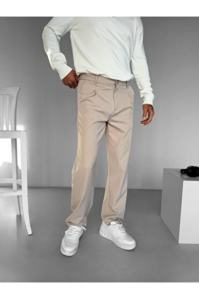 ablukaonline Ανδρικό άνετο παντελόνι σε μπεζ φαρδιά εφαρμογή - Ελαστική μέση