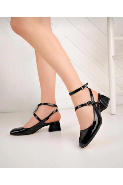 homiro Pantofi cu toc lat din piele lăcuită cu vârf pătrat pentru femei-negri