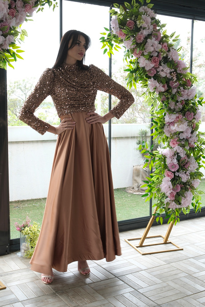 Feminist Drapeli Payet Üst Detaylı Eteği Saten Tesettür Abiye Gold 6502504